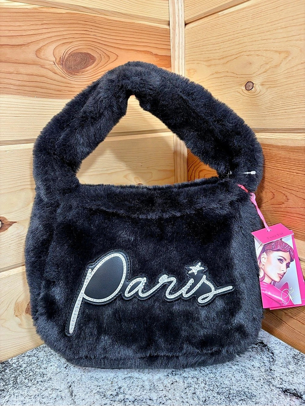 Paris Hilton Faux Fur Shoulder Bag with Rhinestone Script Logo Black NWT